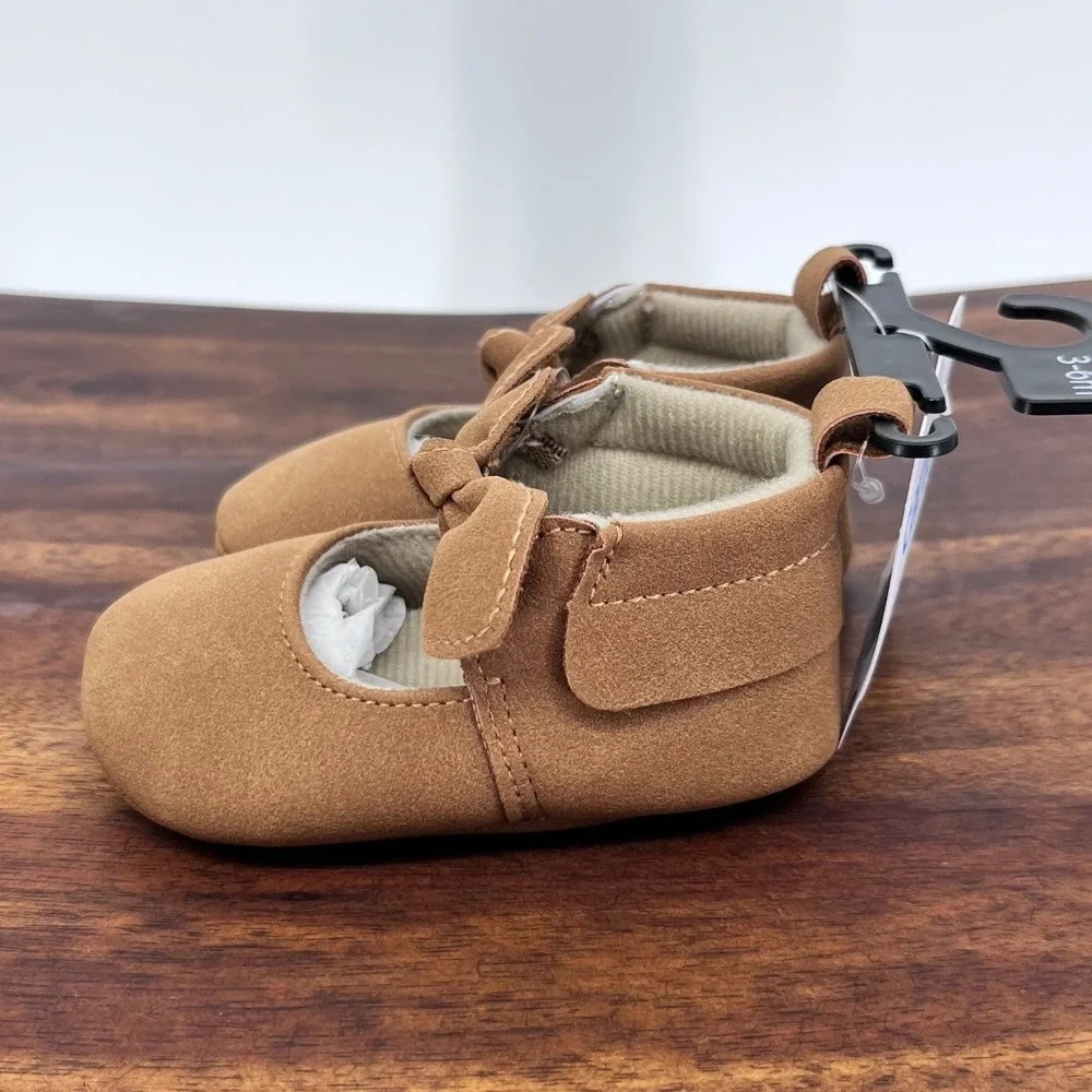 Carter's Child of Mine Mary Jane Baby Girl 3-6M Tan Bow Soft Sole Crib Shoes